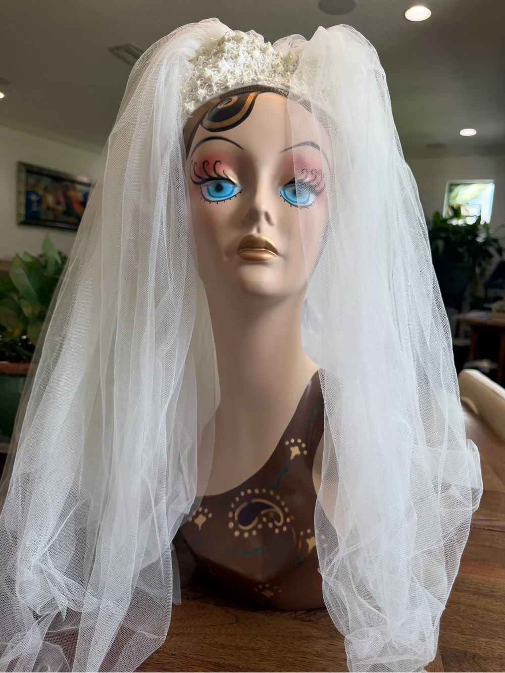 White Pearl & Lace Beaded Tulle Veil Wedding Headpiece w/ Combs Hand Sewn Women
